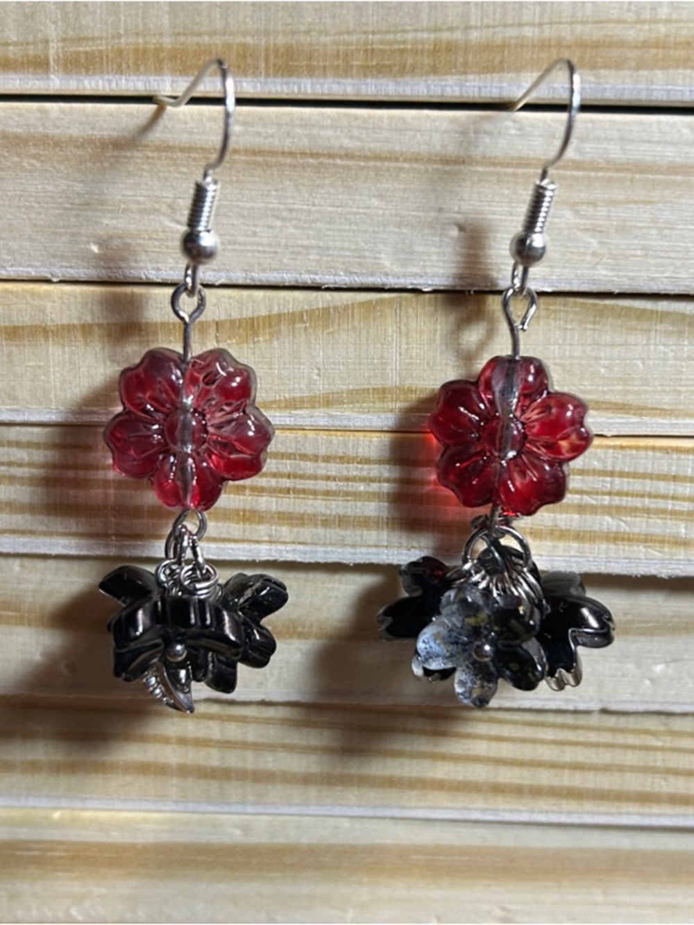 Pink and Black Glass Flower Drop Earrings, Dangle Style